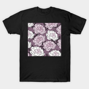 The pink and white  peonies in a lovely pattern on a violet background T-Shirt